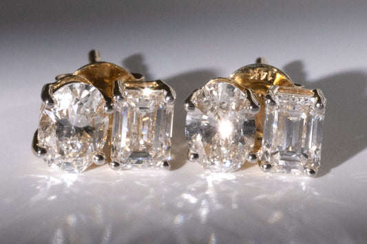 Toi et Moi studs 2.05 ctw Oval and Emerald Lab Grown Diamond, Set in a 14k Yellow Gold Setting