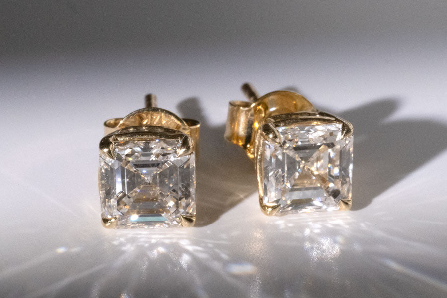 2.09ctw Lab Grown Asscher Cut 14k Yellow Gold Stud Earrings