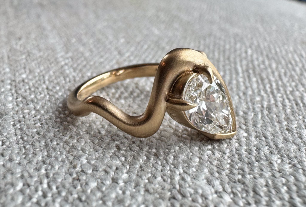 The Kerri - Brushed gold Pinky Ring with 1ct Pear Cut Lab Grown Diamond