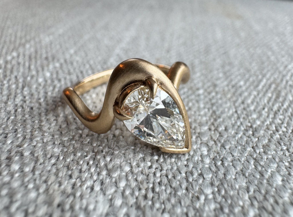 The Kerri - Brushed gold Pinky Ring with 1ct Pear Cut Lab Grown Diamond