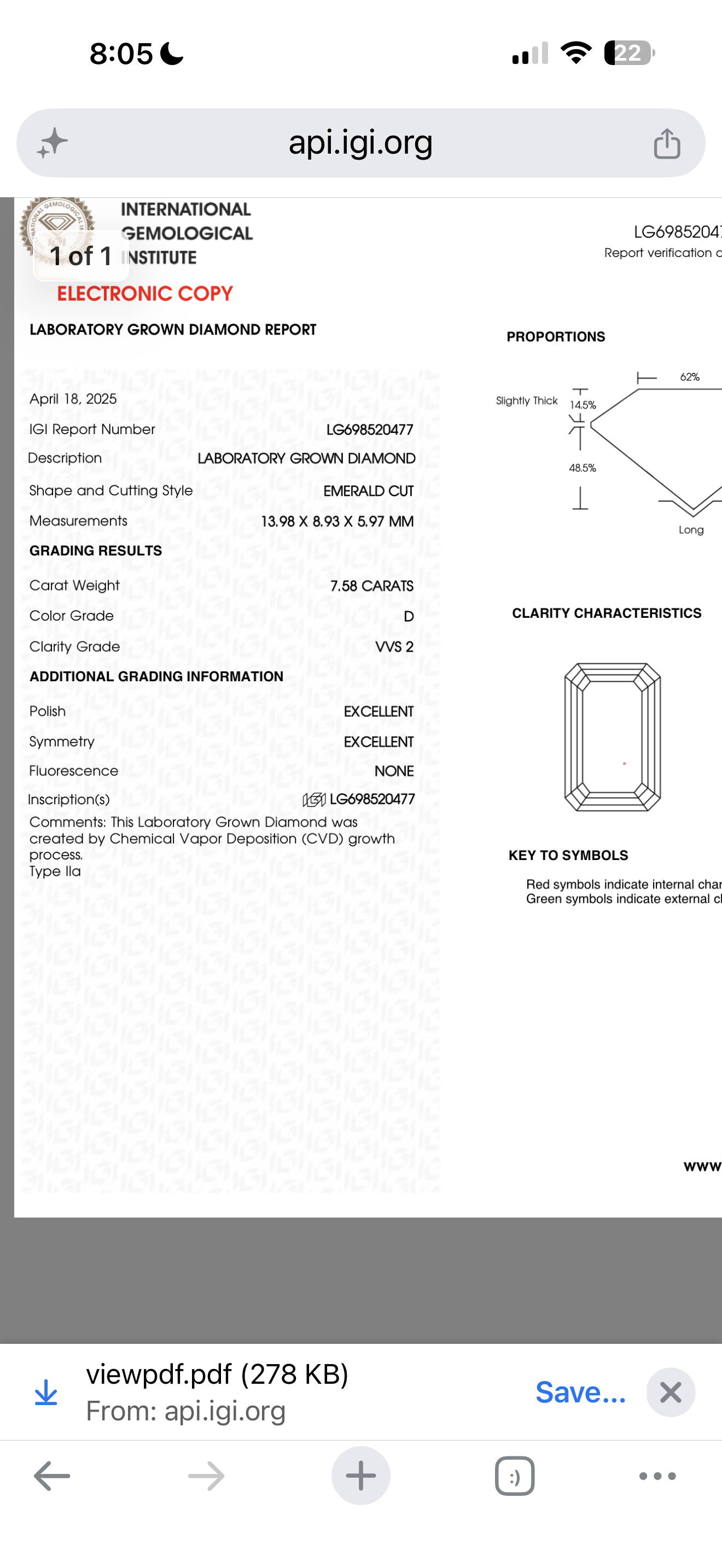 Loose diamond 7.58 Emerald