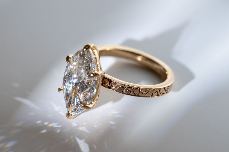 The Tristan - Elegant 2.5mm Etched Band with a 3ct Marquise Lab grown Diamond