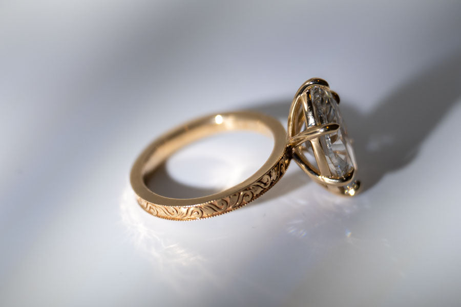 The Tristan - Elegant 2.5mm Etched Band with a 3ct Marquise Lab grown Diamond