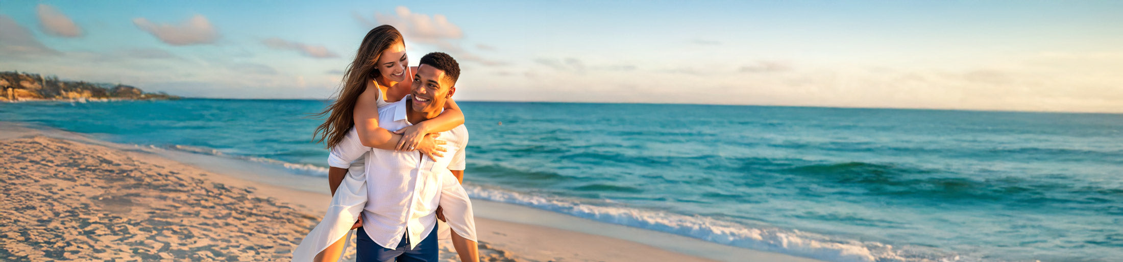 Couple embracing on a beach with ocean waves in the background