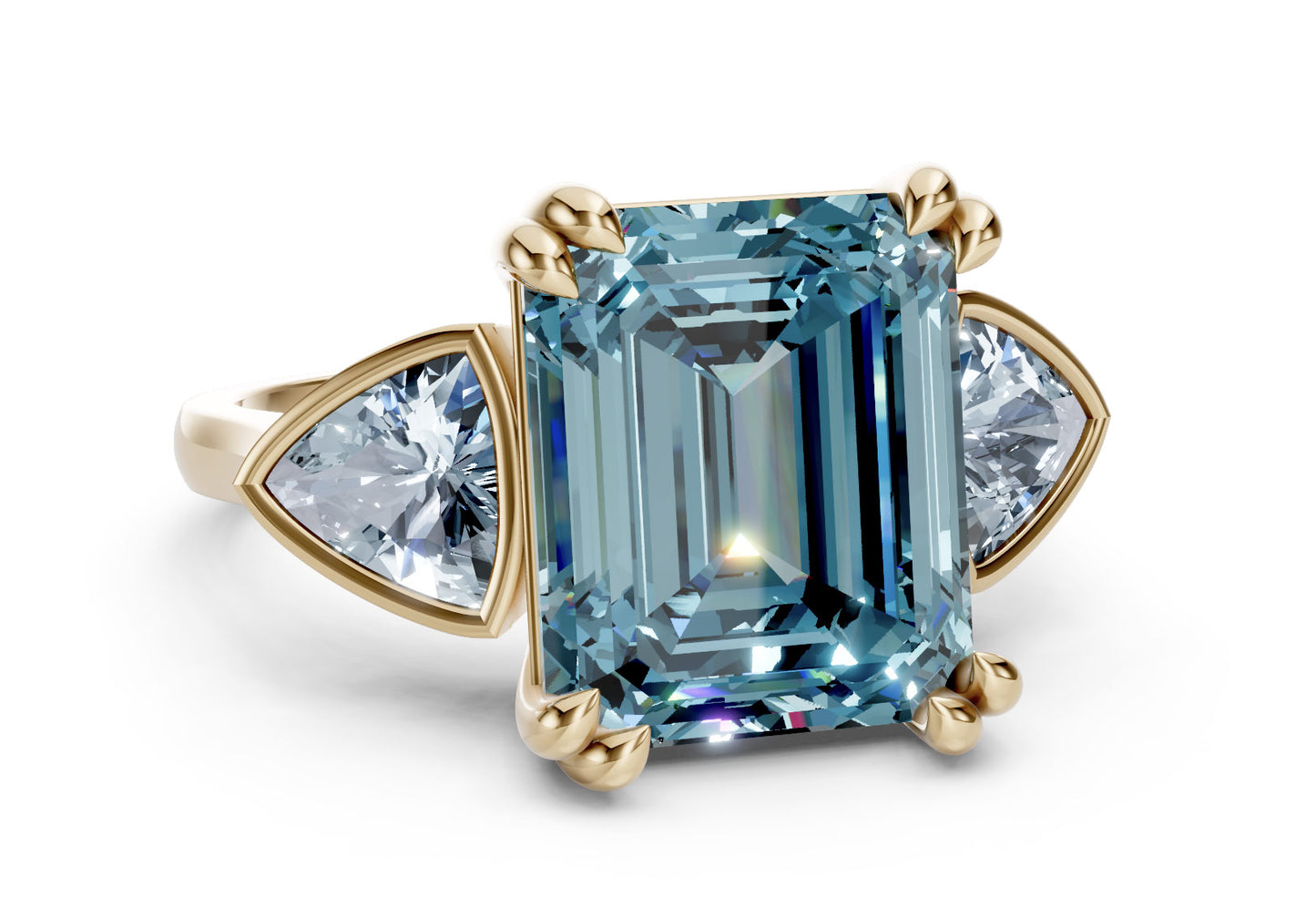Hyères - Natural Grown Swiss Blue Topaz Center Stone with Aqua Marine Trillion Side Stones