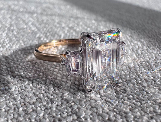 The Sara - 3ct Emerald Cut Lab Grown Diamond Center Stone with Cadillac Side Stones in 14k Yellow Gold Engagement Ring