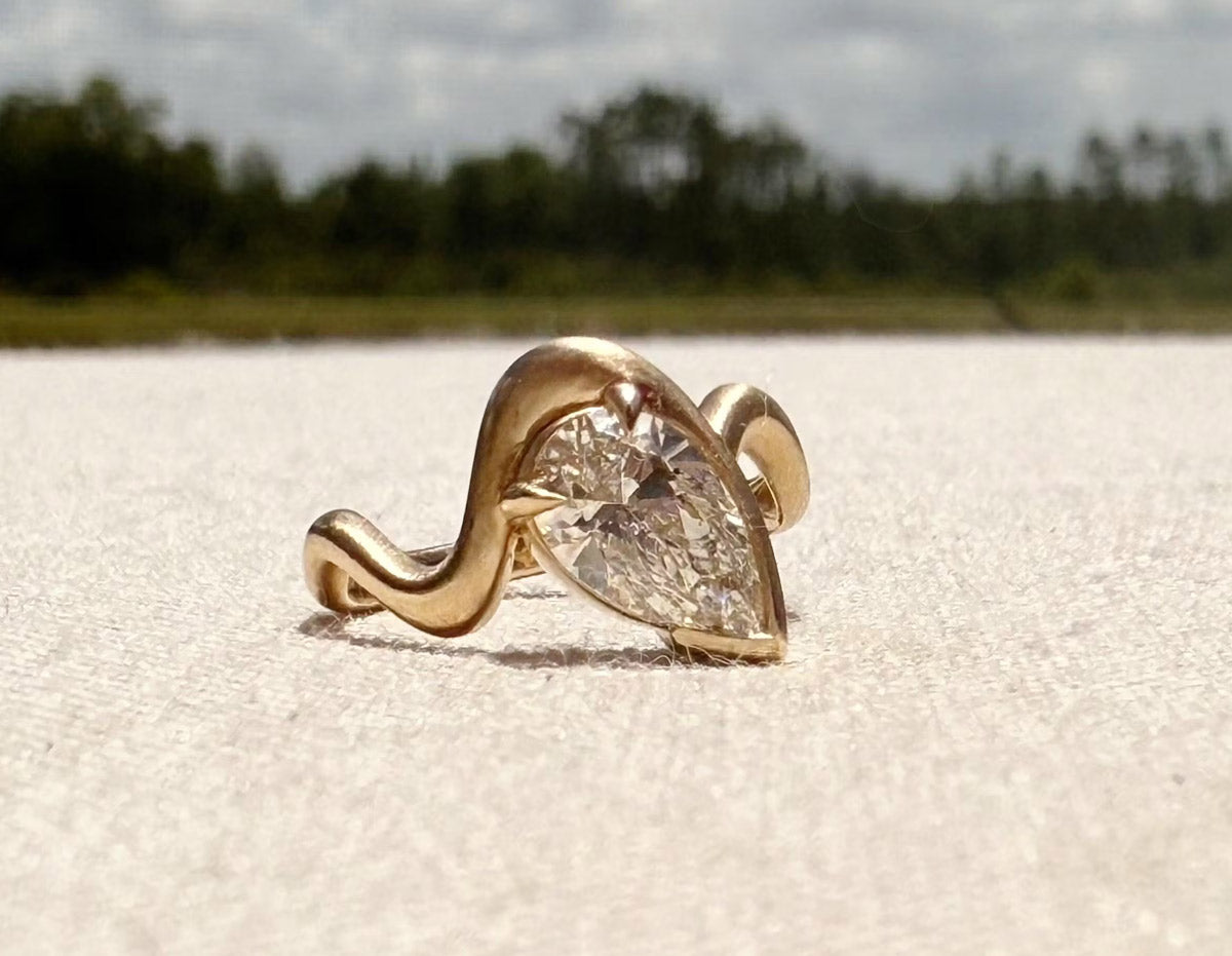 The Kerri - Brushed gold Pinky Ring with 1ct Pear Cut Lab Grown Diamond