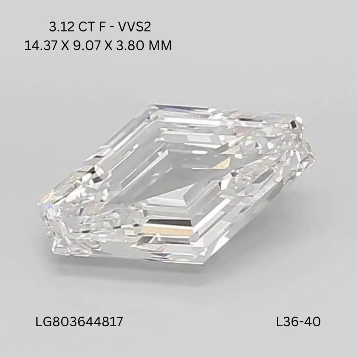 3.12ct Lozenge Lab Grown Diamond (Colour F, Clarity VVS2, IGI Certified)