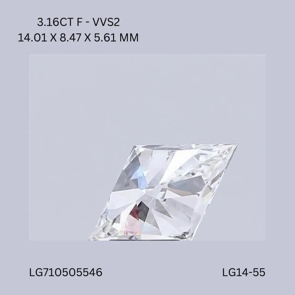 3.16ct Lozenge Lab Grown Diamond (Colour F, Clarity VVS2, IGI Certified)