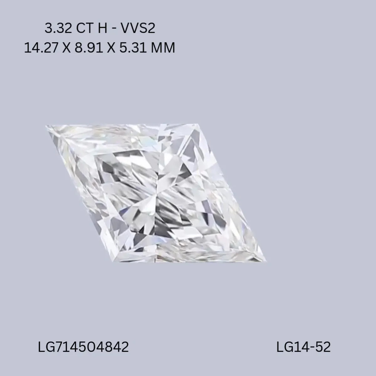 3.32ct Lozenge Lab Grown Diamond (Colour H, Clarity VVS2, IGI Certified)