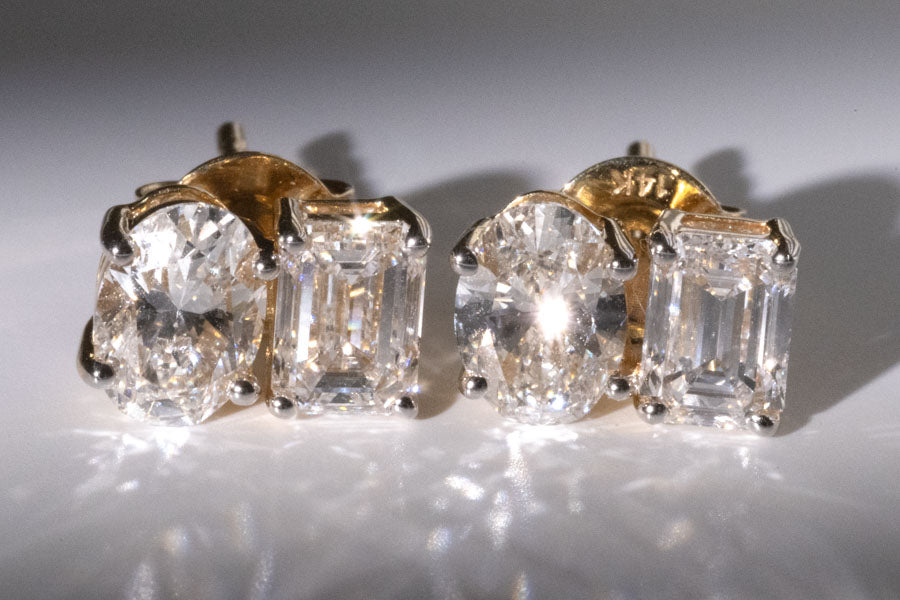 Toi et Moi studs 2.05 ctw Oval and Emerald Lab Grown Diamond, Set in a 14k Yellow Gold Setting