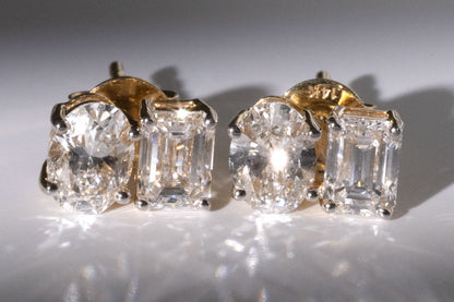 Toi et Moi studs 2.05 ctw Oval and Emerald Lab Grown Diamond, Set in a 14k Yellow Gold Setting