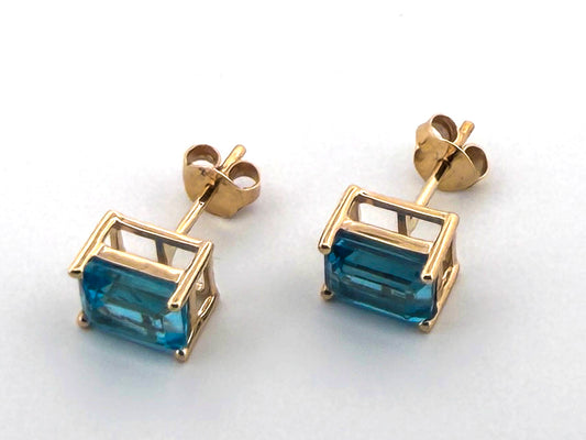3.12ctw Emerald Cut Natural Swiss Blue Topaz 10k Bezel-Set Earrings
