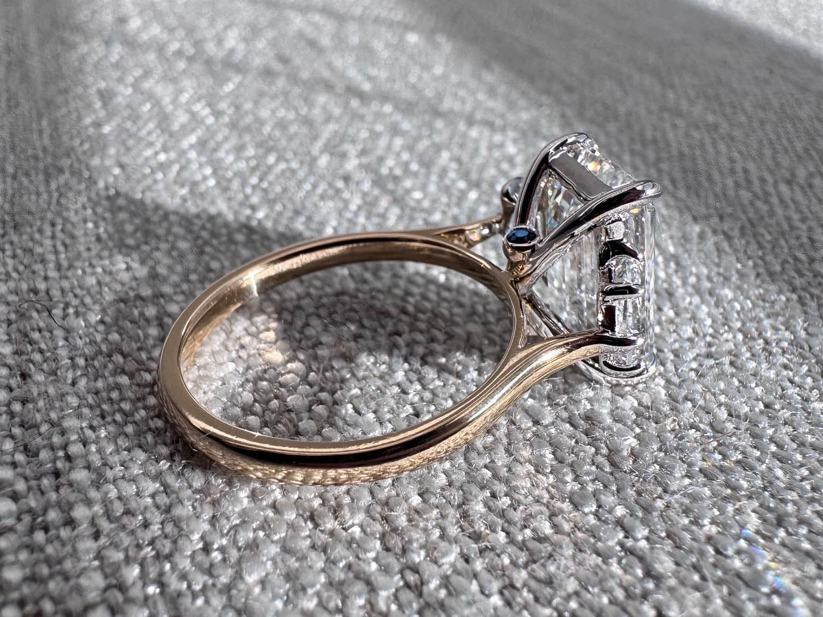 The Sara - 3ct Emerald Cut Lab Grown Diamond Center Stone with Cadillac Side Stones in 14k Yellow Gold Engagement Ring