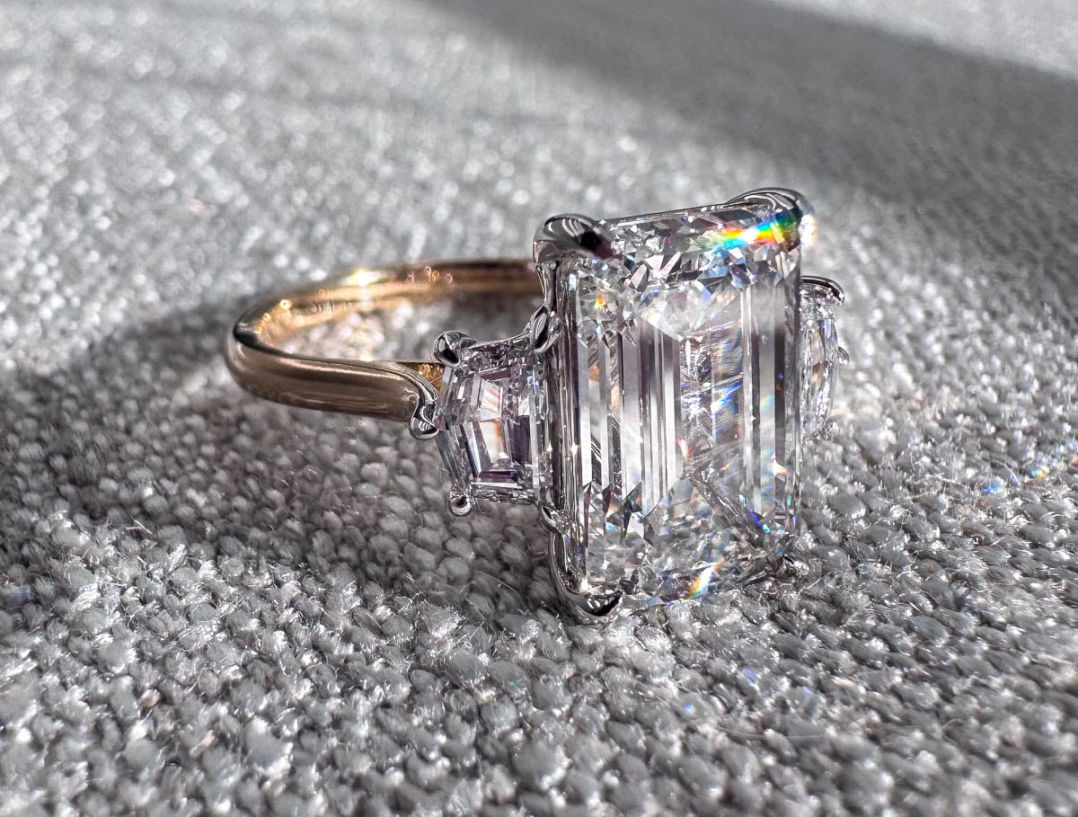 The Sara - 3ct Emerald Cut Lab Grown Diamond Center Stone with Cadillac Side Stones in 14k Yellow Gold Engagement Ring