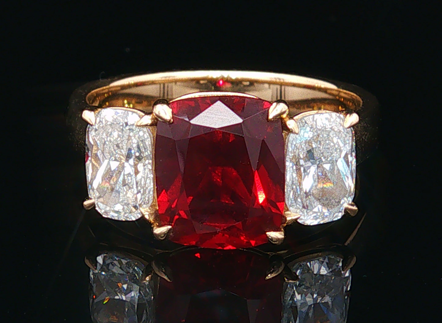 The Cooper - A Bold 6.70ctw Cushion-Cut Lab Grown Gemstone with 2 Cushion-Cut Lab Grown Side Stones