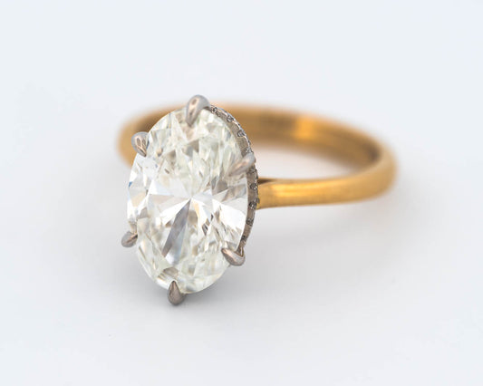 The Mila - Six Prong,  Two-Tone 3ct Oval Cut Lab Grown Diamond with a .5ct Drop Halo