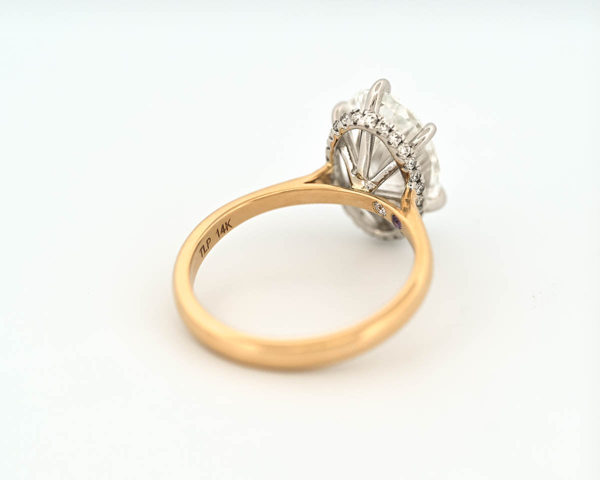 The Mila - Six Prong,  Two-Tone 3ct Oval Cut Lab Grown Diamond with a .5ct Drop Halo